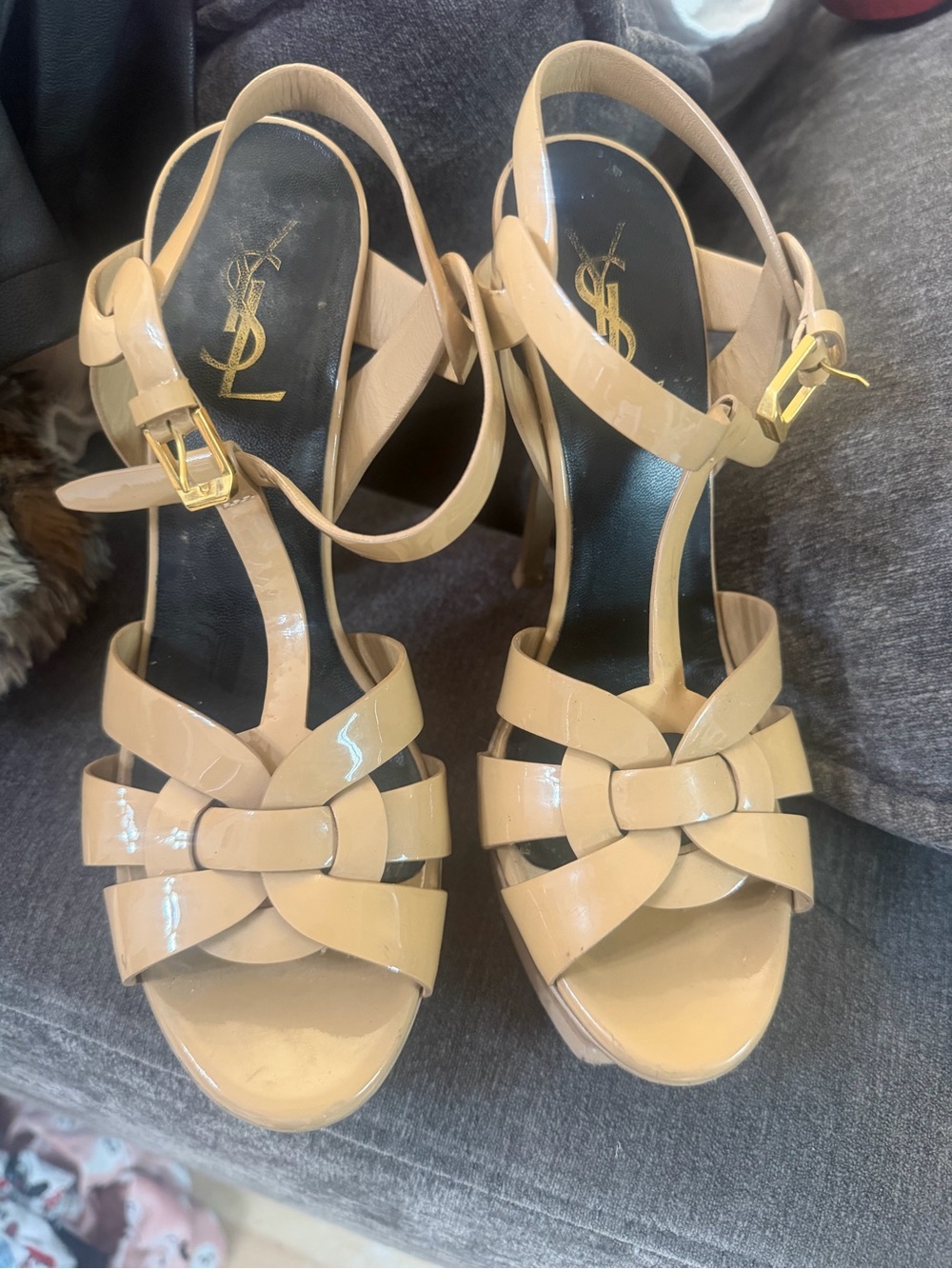 Yves Saint Laurent Beige Patent Platform High Heel Sandals